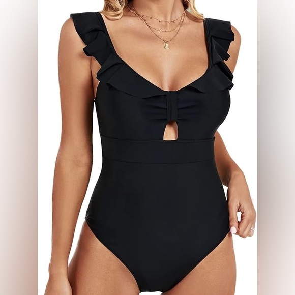 NWT Women’s Cici Bird One Piece Cutout Ruffled Swimsuit Black - Small - Picture 1 of 9